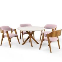 Mesa De Jantar Redonda Cora 120cm Off White M04 Com 04 Cadeiras Living Suran Suede Rosê - Lyam Mesa De Jantar Redonda Cora 120cm Off White M04 Com 04 Cadeiras Living Suran Suede Rosê - Lyam