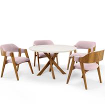 Mesa De Jantar Redonda Cora 120cm Off White M04 com 04 Cadeiras Living Suran Suede Rosê - Lyam Mesa De Jantar Redonda Cora 120cm Off White M04 com 04 Cadeiras Living Suran Suede Rosê - Lyam