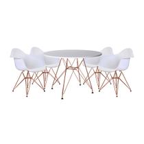 Mesa de Jantar Redonda Eames Eiffel 90cm Branca com 4 Poltronas Brancas Ferro Cobre