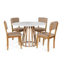 Mesa de Jantar Redonda Gabi Bran/Jade com 4 Cadeiras Estofadas Ella Marrom Claro