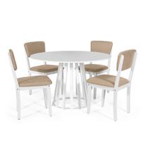 Mesa de Jantar Redonda Gabi Branca com 4 Cadeiras Estofadas Ella Branco/Bege