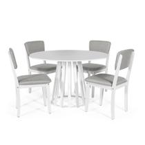 Mesa de Jantar Redonda Gabi Branca com 4 Cadeiras Estofadas Ella Branco/Cinza Claro
