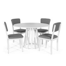 Mesa de Jantar Redonda Gabi Branca com 4 Cadeiras Estofadas Ella Branco/Cinza Escuro