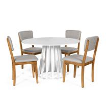 Mesa de Jantar Redonda Gabi Branca com 4 Cadeiras Estofadas Ella Cinza Claro