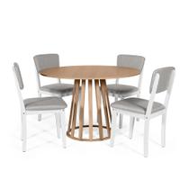 Mesa de Jantar Redonda Gabi Jade com 4 Cadeiras Estofadas Ella Branco/Cinza Claro