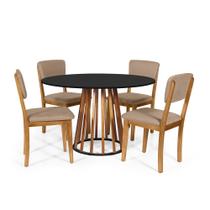 Mesa de Jantar Redonda Gabi Nat/Pret com 4 Cadeiras Estofadas Ella Marrom Claro