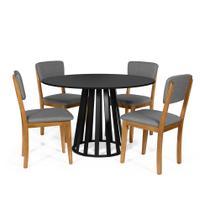 Mesa de Jantar Redonda Gabi Preta com 4 Cadeiras Estofadas Ella Cinza Escuro
