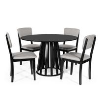 Mesa de Jantar Redonda Gabi Preta com 4 Cadeiras Estofadas Ella Preto/Cinza Claro