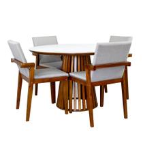 Mesa de Jantar Redonda Luana Amadeirada Branca 120cm com 4 Cadeiras Estofadas Isabela - Bege
