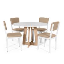 Mesa de Jantar Redonda Montreal Bran/Jade com 4 Cadeiras Estofadas Ella Branco/Bege Mesa de Jantar Redonda Montreal Bran/Jade com 4 Cadeiras Estofadas Ella Branco/Bege