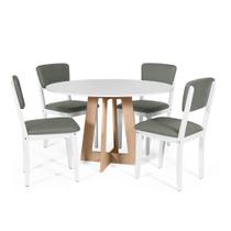 Mesa de Jantar Redonda Montreal Bran/Jade com 4 Cadeiras Estofadas Ella Branco/Cinza - Straub Web