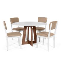 Mesa de Jantar Redonda Montreal Bran/Nor com 4 Cadeiras Estofadas Ella Branco/Marrom Claro