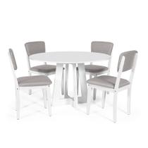 Mesa de Jantar Redonda Montreal Branca com 4 Cadeiras Estofadas Ella Branco/Cinza Claro