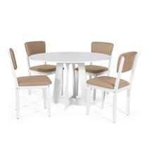 Mesa de Jantar Redonda Montreal Branca com 4 Cadeiras Estofadas Ella Branco/Marrom Claro Mesa de Jantar Redonda Montreal Branca com 4 Cadeiras Estofadas Ella Branco/Marrom Claro