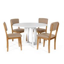 Mesa de Jantar Redonda Montreal Branca com 4 Cadeiras Estofadas Ella Marrom Claro