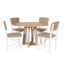 Mesa de Jantar Redonda Montreal Jade com 4 Cadeiras Estofadas Ella Branco/Marrom Claro