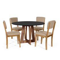 Mesa de Jantar Redonda Montreal Pret/Nor com 4 Cadeiras Estofadas Ella Bege Mesa de Jantar Redonda Montreal Pret/Nor com 4 Cadeiras Estofadas Ella Bege