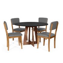 Mesa de Jantar Redonda Montreal Pret/Nor com 4 Cadeiras Estofadas Ella Cinza Escuro Mesa de Jantar Redonda Montreal Pret/Nor com 4 Cadeiras Estofadas Ella Cinza Escuro