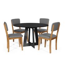 Mesa de Jantar Redonda Montreal Preta com 4 Cadeiras Estofadas Ella Cinza Escuro