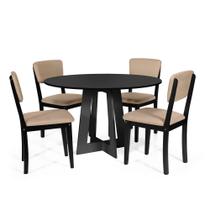 Mesa de Jantar Redonda Montreal Preta com 4 Cadeiras Estofadas Ella Preto/Bege Mesa de Jantar Redonda Montreal Preta com 4 Cadeiras Estofadas Ella Preto/Bege