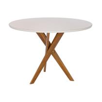Mesa de Jantar Redonda Olinda 109cm com Tampo de Vidro Off White e Base em Madeira Maciça Cinamomo