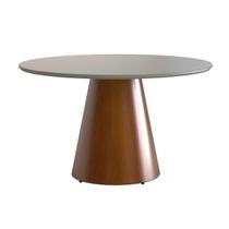 Mesa de Jantar Redonda para 4 Lugares 120cm Liz Base Cone Amadeirado Tampo Vidro Off White CCS