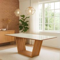 Mesa de Jantar Retangular 160x90 Mdf/vidro para 6 Lugares Pés Madeira Maciça Safira - Mel/off White