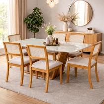 Mesa de Jantar Retangular para 6 Lugares Pés Madeira Maciça Safira Mel e off White 160x90 Tampo Mdf e vidro
