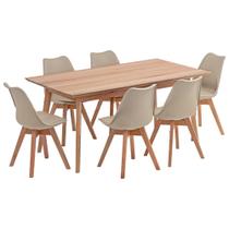 Mesa de Jantar Retangular Vértice 160cm Natural com 6 Cadeiras Leda em Madeira Maciça - Nude - Madebal