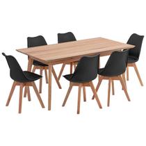 Mesa de Jantar Retangular Vértice 160cm Natural com 6 Cadeiras Leda em Madeira Maciça - Preto - Madebal