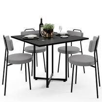 Mesa de Jantar Rivera Preto 90cm com 04 Cadeiras Industrial Barcelona F01 Suede Cinza- Lyam