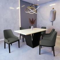 Mesa de Jantar Safira 1,6m Off White com 6 Cadeiras Elisa Veludo Cinza Madeira Maciça Preto