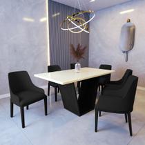 Mesa de Jantar Safira 1,6m Off White com 6 Cadeiras Elisa Veludo Preto Madeira Maciça Preto