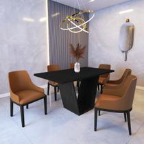 Mesa de Jantar Safira 1,6m Preto com 6 Cadeiras Elisa Tec. Sintético Caramelo Madeira Maciça Preto