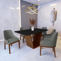 Mesa de Jantar Safira 1,6m Preto com 6 Cadeiras Elisa Veludo Cinza Madeira Maciça Imbuia