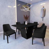 Mesa de Jantar Safira 1,6m Preto com 6 Cadeiras Elisa Veludo Preto Madeira Maciça Preto