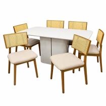 Mesa de Jantar Serena 160x90cm com Vidro e 6 Cadeiras Diamante em Linho Madeira New Ceval Cor Off White com Tecido Bege Mesa de Jantar Serena 160x90cm com Vidro e 6 Cadeiras Diamante em Linho Madeira New Ceval Cor Off White com Tecido Bege