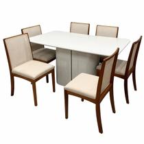 Mesa de Jantar Serena 160x90cm com Vidro e 6 Cadeiras Lara Kappesberg em Linho Madeira New Ceval Cor Off White com Tecido Bege Mesa de Jantar Serena 160x90cm com Vidro e 6 Cadeiras Lara Kappesberg em Linho Madeira New Ceval Cor Off White com Tecido Bege