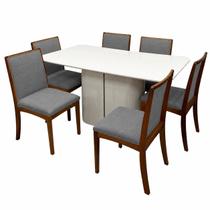 Mesa de Jantar Serena 160x90cm com Vidro e 6 Cadeiras Lara Kappesberg em Linho Madeira New Ceval Cor Off White com Tecido Cinza Mesa de Jantar Serena 160x90cm com Vidro e 6 Cadeiras Lara Kappesberg em Linho Madeira New Ceval Cor Off White com Tecido Cinza