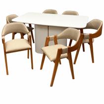 Mesa de Jantar Serena 160x90cm com Vidro e 6 Cadeiras Perola em Linho Madeira New Ceval Cor Off White com Tecido Bege Mesa de Jantar Serena 160x90cm com Vidro e 6 Cadeiras Perola em Linho Madeira New Ceval Cor Off White com Tecido Bege