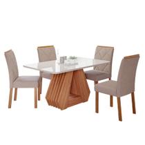 Mesa de Jantar Tampo de Vidro Off White Agata 1,30 e 4 Cadeiras Fernanda WOOD Cinamomo/Madeira/Linho Bege
