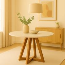 Mesa de Jantar Tampo Mdf/vidro Redonda para 4 Lugares Pés Madeira Maciça Pérola - Mel/off White