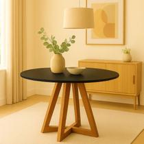 Mesa de Jantar Tampo Mdf/vidro Redonda para 4 Lugares Pés Madeira Maciça Pérola - Mel/preto