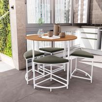 Mesa de Jantar Tampo MDP Redondo 4 Bancos Estofados Marrom/Canela/Branco Brilho Mesa de Jantar Tampo MDP Redondo 4 Bancos Estofados Marrom/Canela/Branco Brilho