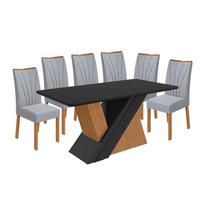 Mesa de Jantar Vênus 170 cm Amêndoa Clean Preto Fosco Tampo com Vidro com 6 Cadeiras Apogeu Linho Cinza Lopas