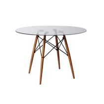 Mesa de Jantar Vidro Eames Eiffel Redonda 110cm Base Madeira Maciça