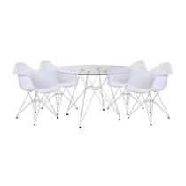 Mesa De Jantar Vidro Redonda 110Cm Com 4 Poltronas Brancas Ferro Branco Cor: Branco Mesa De Jantar Vidro Redonda 110Cm Com 4 Poltronas Brancas Ferro Branco Cor: Branco