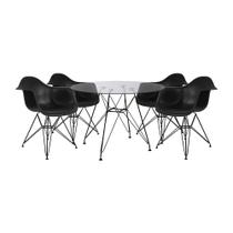 Mesa de Jantar Vidro Redonda 90cm Eames Eiffel com 4 Poltronas Pretas Ferro Preto