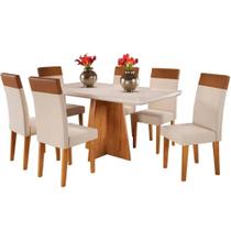 Mesa de Jantar Viena 160x80cm com 6 Cadeiras Turim Tecido Linho Viero Cor Mel Off White com Tecido Bege Mesa de Jantar Viena 160x80cm com 6 Cadeiras Turim Tecido Linho Viero Cor Mel Off White com Tecido Bege