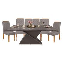 Mesa de Jantar Zafira Tampo Curvo Cinza Urbano com 6 Cadeiras Lídia Freijó Veludo Lunar DJ Móveis Mesa de Jantar Zafira Tampo Curvo Cinza Urbano com 6 Cadeiras Lídia Freijó Veludo Lunar DJ Móveis